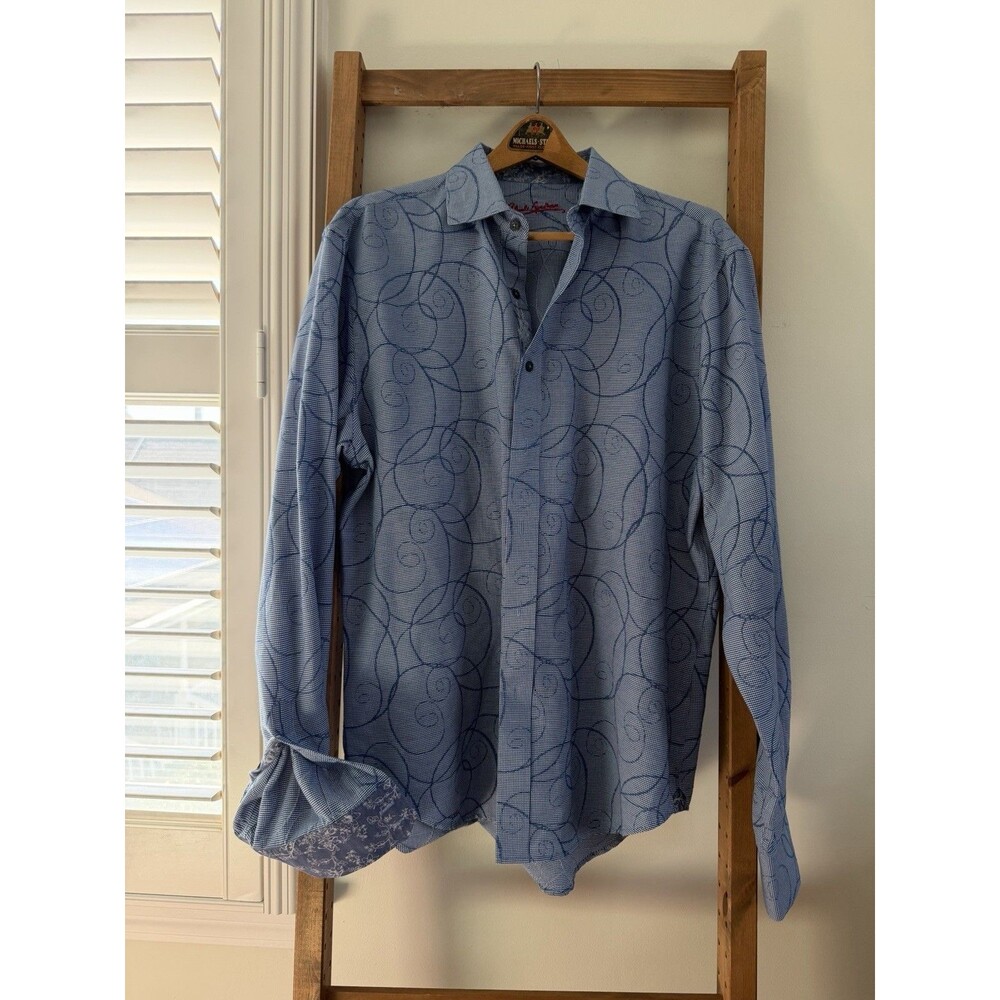 Men Robert Graham Blue Print Flip Cuff Button Down Long Sleeve Shirt-Sz L